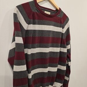 St. John's Bay Men's Burgundy and Gray Striped Crewneck Sweater